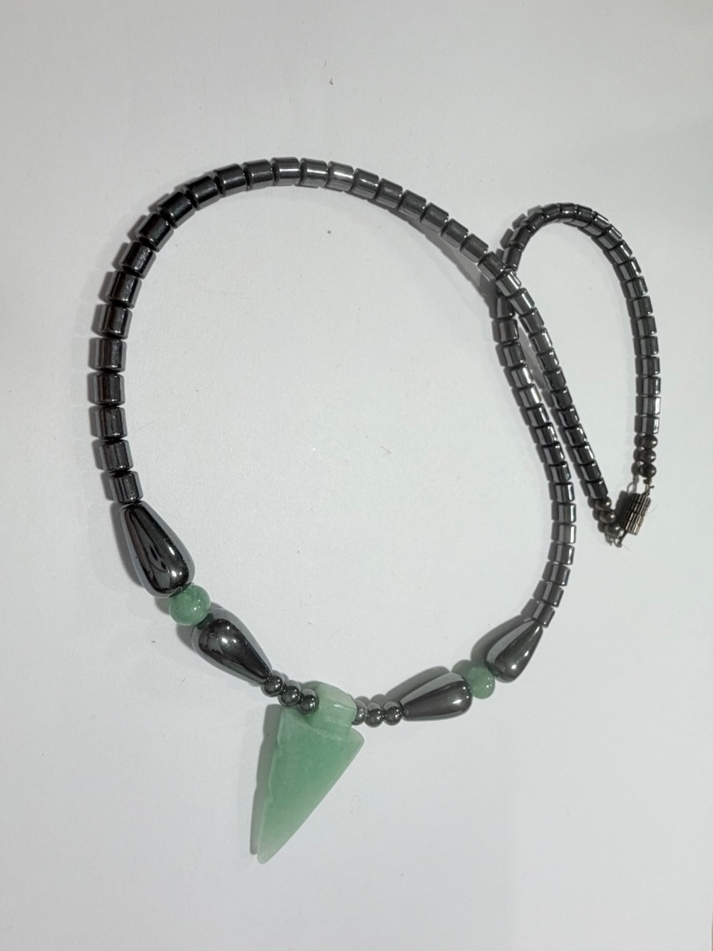 Hematite and Green Stone Arrowhead Necklace